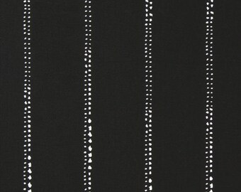 May include: Black fabric with white vertical stripes of small dots. The fabric is measured with a ruler in inches.