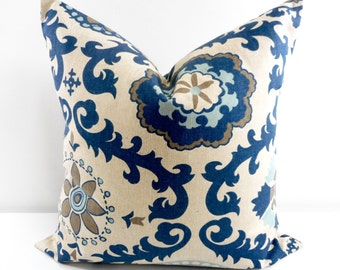 Indigo  Pillow. Blue Pillow cover. Indigo and beige. Blue and Oatmeal Cushion cover. Cm.  Select your size.