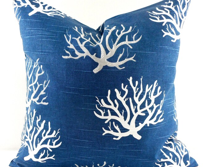 Navy Blue Pillow. 20x20 Pillow Cover. Coral Print Throw Pillow Etsy