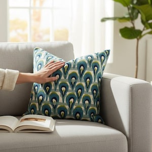 May include: A decorative throw pillow with a blue, green, and white teardrop pattern rests on a gray sofa. The pillow is square and appears soft. An open book sits on the sofa, and a person's hand is resting on the pillow.