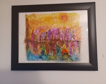 saturated sun splash alcohol ink on wax paper framed