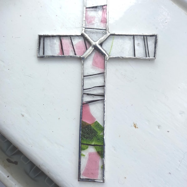 Handmade Stained Glass Cross Suncatcher: Pink & Green Pattern