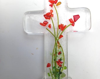 Fused Glass Cross, Poppies Design Pedestal Cross, Christian Gift, Memorial