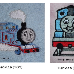 May include: Two embroidered Thomas the Tank Engine patches. The first, in profile, is blue with red details, measuring 9.5 x 10 cm. The second patch shows a frontal view of Thomas, measuring 9 x 6 cm. Both patches feature the text 'THOMAS'.