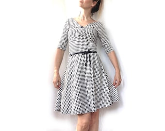 Hannelore Rockabilly dress knee length loop white dark blue pepita pepper and salt tap kick