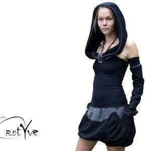 das schwarze kapuzenkleid ballonrock mit taschen kapuze wave gotik gothic stulpen Bild 1