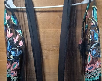 Vintage Sheer Black Coverup with Embroidered Colorful Designed Flowers One Size Fits Most