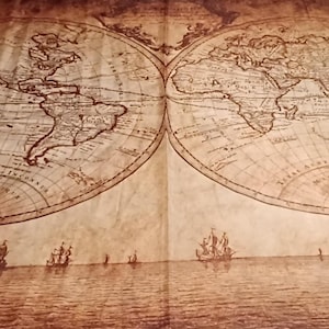 May include: A large, rectangular tapestry featuring a vintage world map design. The map is rendered in shades of brown and tan, with intricate details of continents, oceans, and nautical illustrations. The tapestry includes images of ships and mythical figures.