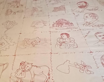 Antique Redwork Red Embroidery Pillow Sham Layover Cover 