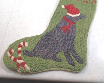 Vintage 1990's Hooked Punched Black Lab Pup Puppy Dog Christmas Stocking -K-