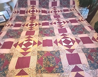 Vintage 1990's Patchwork Quilt Burgundy with Florals Flowers and Paisley