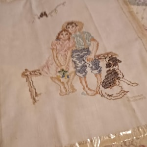 Vintage 1982 Norman Rockwell Cross Stitch Boy Girl and Dog with FREE SHIPPING