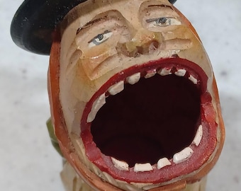 Anri Vintage de la década de 1940, madera tallada a mano "Boca grande: soporte para cerillas/palillos de dientes, diseño artístico italiano o suizo plegable - F