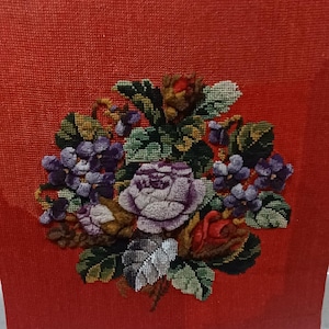 Vintage 1910 Hand Made Embroidered Tufted Chair Foot Stool Cover Floral Tapestry Wool and Cotton Lovely Flowers One of a Kind FREE SHIPPING