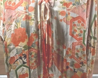 Vintage 1940's Lined Women's Kimono in Oranges Yellows Greens Ornate Flowers Floral Print Front Tie Very Good Condition for Her Age
