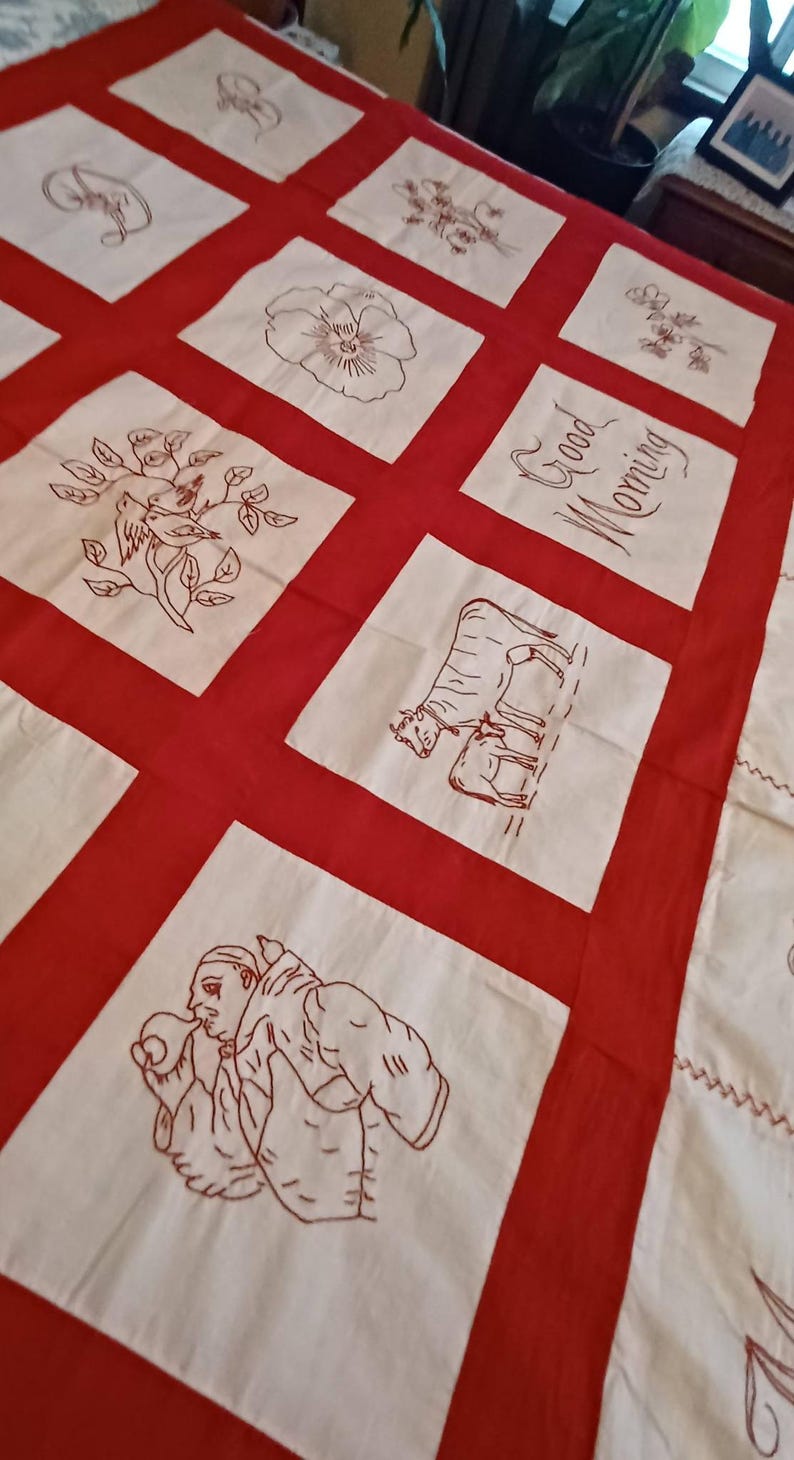 1910 Vintage Handmade Redwork Antique Quilt Bed Topper Raised Turkey ...