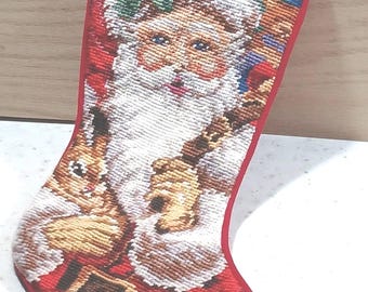 Vintage 1980's Mom Embroidered Needlepoint Mantle Hanging Stocking with Bunny Santa Holly Berries Christmas Theme