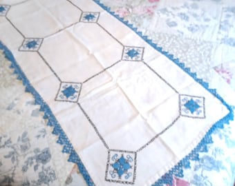 Vintage 1960's Table Dresser Scarf Runner Blue on White Embroidery Embroidered Cross Stitch and Tatting -K-
