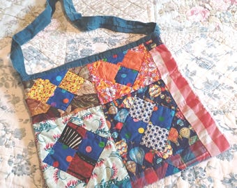 Vintage 1980's Patchwork Handmade Tote Market Top Handle Colorful Sturdy Bag -K-