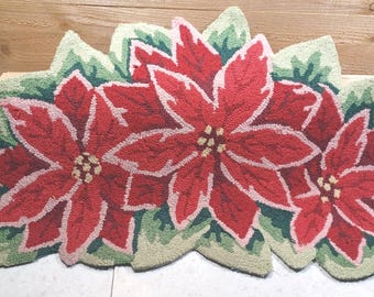 Vintage 1990's Hooked Punch Poinsettia Hooked Piece Used as Table Topper Runner or Rug -K-