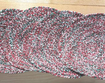 Four "4" Vintage Chair Seat Pads Covers Woven Braided in Red Green & White Perfect for Christmas Holiday Hosting -K-
