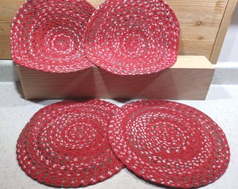 Four "4" Vintage Chair Pads Covers Braided Tied in Green Red White Never Used
