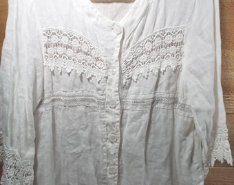 Top vintage beige en lin et coton ajouré Piazza Del Tempio taille Small Fabriqué en Italie Boutons sur le devant