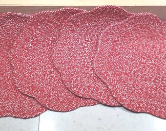 Four "4" Vintage Braided Sewn Seat Pads Chair Covers Never Used in Red & White 15" -K-