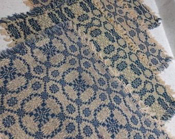 vintage Quatre sets de table « 4 » en tissu tissé avec franges en bleu et beige -F-