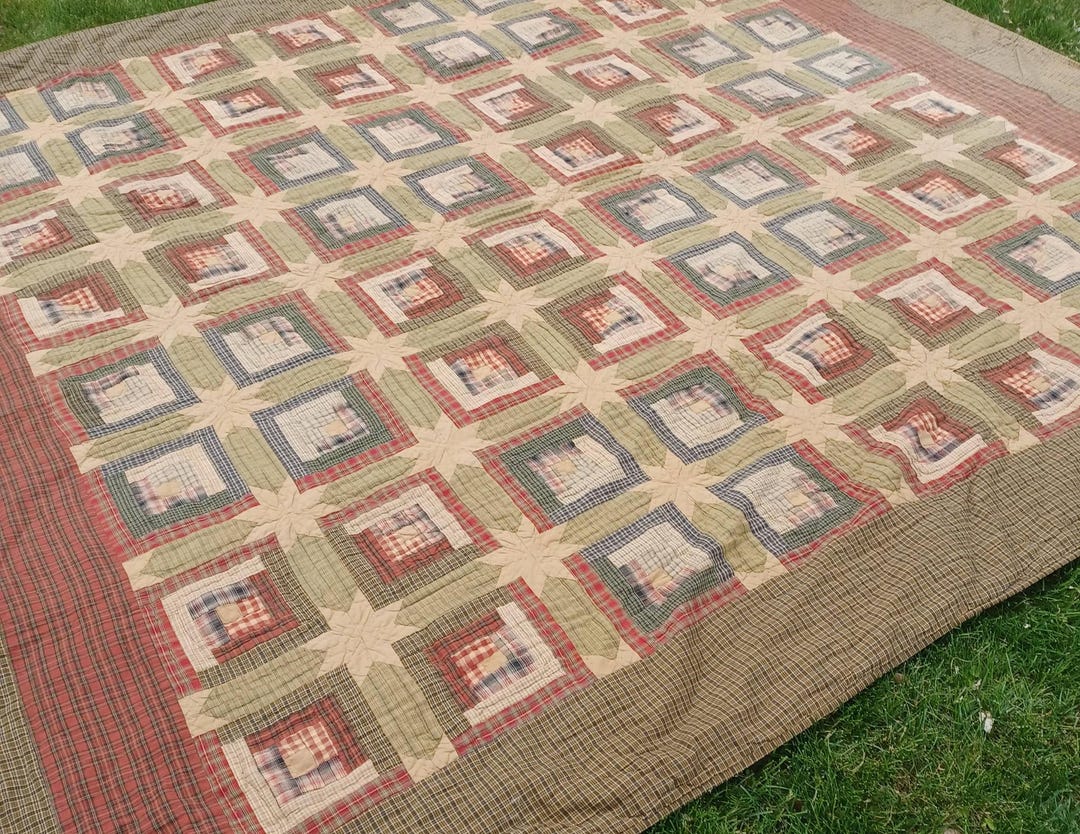 Vintage 1970's Huge Patchwork Log Cabin Quilt Clean Heavy 110