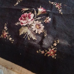 Vintage Hand Made Seat Cover Embroidered Embroidery Flowers Floral on Black Ready to Frame or Stretch to Chair Seat with FREE SHIPPING
