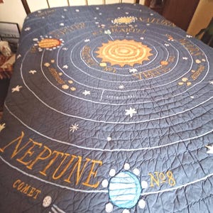 May include: A dark blue quilt featuring an embroidered solar system design with the sun at the center, concentric orbital rings, planets labeled with names like Neptune and Saturn, an asteroid belt, stars, and a comet with a trailing tail.