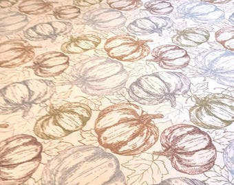 Vintage 1990's Pumpkin and Leaves Tablecloth Blue Green & Brown on Beige Large 90" x 59"