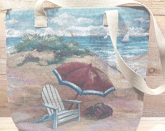 vintage Janince King Designs Sac Utica NY à double poignée sur le thème de la plage avec fermeture éclair -A-