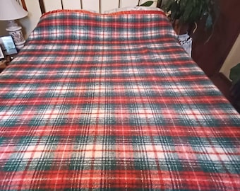 Vintage 1950's Red Green & White Tartan Plaid Wool Blanket with Satin Red Border Edge Christmas
