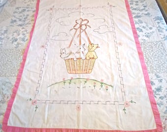 Vintage 1950's Embroidered Puppy Dogs Pups Handmade Crib Baby Cover Topper Quilt -I-