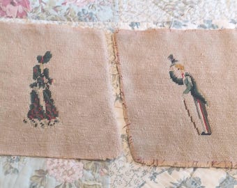 Paneles de cojín o marco vintage de los años 30 con bordado de hombre y mujer, cada uno de 9" x 10" - F