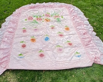 1960's Vintage Silky Pink with Floral Bedspread with Double Side Ruffles