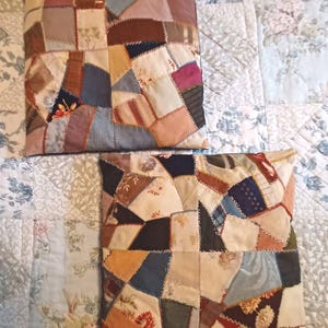 Two Vintage 1910 Handmade Stitched Crazy Quilt Pillows 15" x 14"