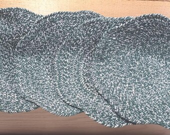 Four "4" Vintage Chair Pads Seat Covers Braided in Dark Green and White Never Used -K-