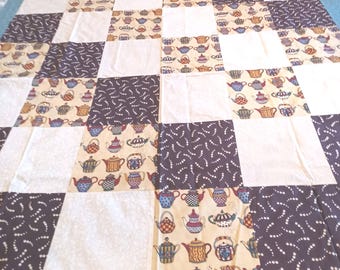 1980's Handmade Machine Stitched Quilt Topper Tea & Coffee Pots Kettles -I-