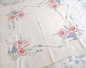 Vintage 1960's Card Tablecloth Edged and Covered with Embroidery Embroidered Flowers -K-