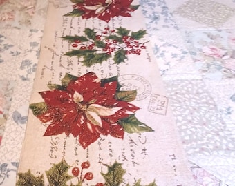 Vintage 1980's Christmas Holiday Table Runner with Holly Berries & Poinsettia's -K-