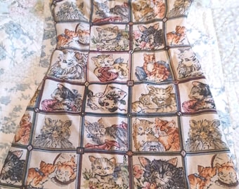 Vintage 1990's Women's Dress Kitty Cat Kitten Feline Printed Lined Zip Back Dress -K-