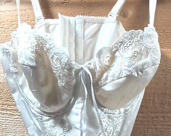 Vintage 34B Lingerie Bra Bustier White Lace Satin Adjustable Straps Eight Hook and Eye Back