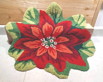 Vintage 1990's Hooked Punched Rug Carpet Piece Vibrant Accent Piece in your Home for Christmas Huge Poinsettia Colorful -K-