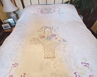 Vintage 1930's Cotton Light Weight Topper with Embroidery Floral Basket with Flowers on Top and Bottom Edged in Blue She's Old Well Loved
