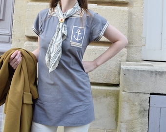 40s 50s Cotton Navy French Sailor Shirt Rare Vintage // Deco Ombre Washed Blue Visible Mends Chemise Blouse // XS Petite