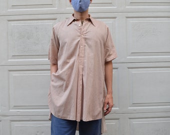 30s Work Wear French Short Cotton Sleeve Shirt // Oversized Mauve Tent Rare Printed Fabric // Tunic Cut