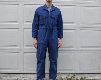 40s 50s Jumpsuit French Workwear Blue Belted Coveralls // Rare